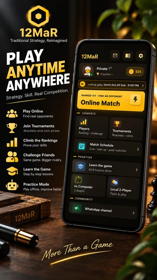 The 12MaR lobby on a phone: the player's card with points and coins, the Online Match button, and the Compete and Practice rows.
